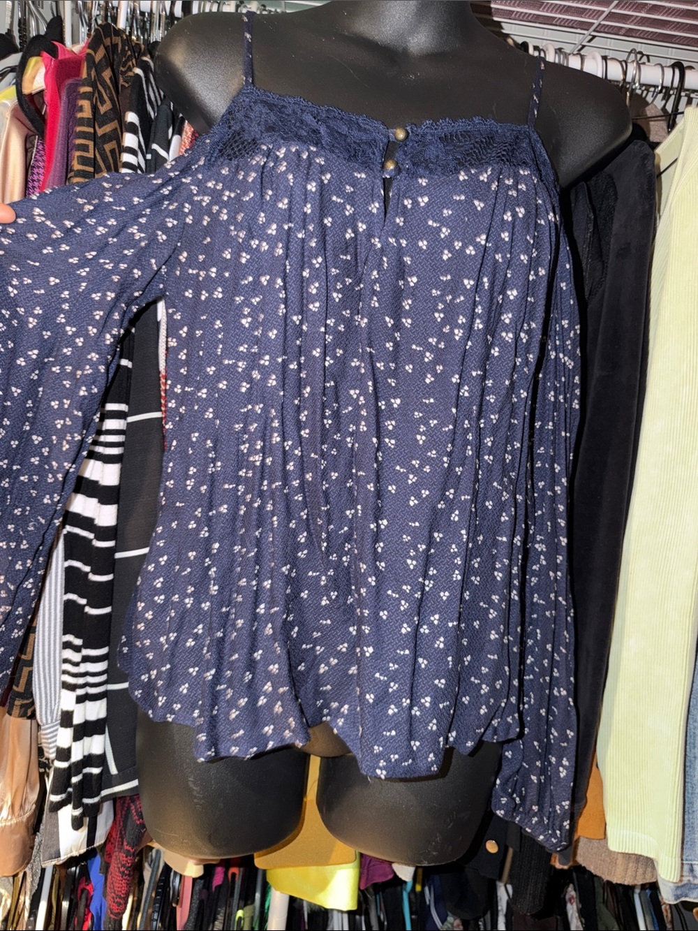 Rewind Navy Floral Off-Shoulder Lace-Trim Blouse
